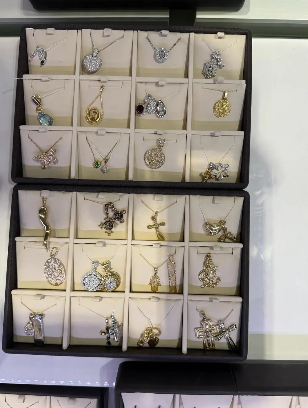 Necklaces in a jewelry display case