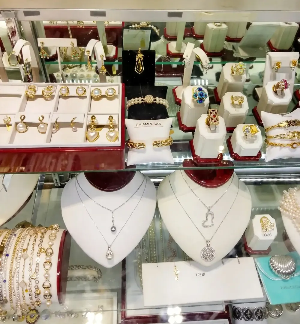 Pearl jewelry in a display case