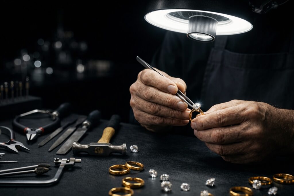 Master Jeweler performing detailed jewelry repair work at The Jewel Doctor in Aventura, FL